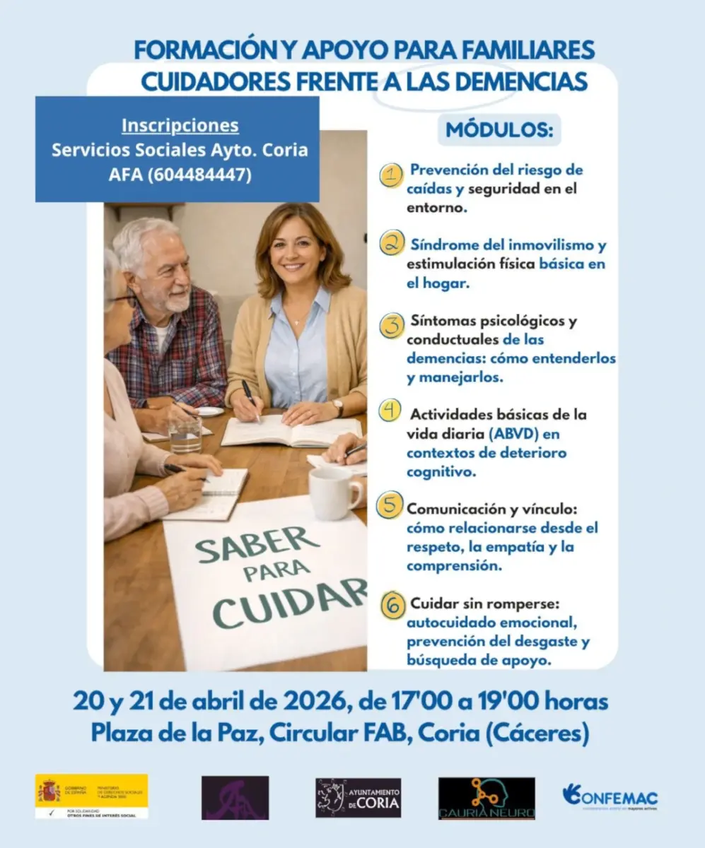 Coria y Puebla de Argeme acogen los días 20 y 21 de abril una formación gratuita para familiares cuidadores de personas con demencia