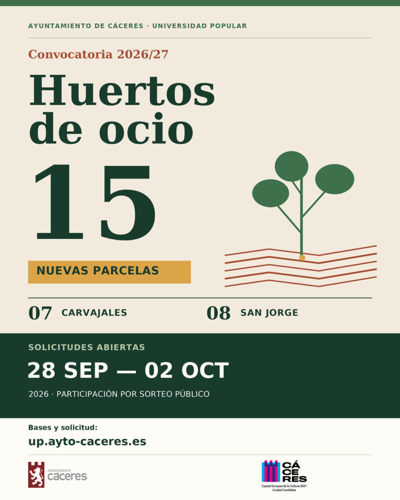 Cáceres sortea el 26 de octubre 15 parcelas de los Huertos de Ocio de la Universidad Popular